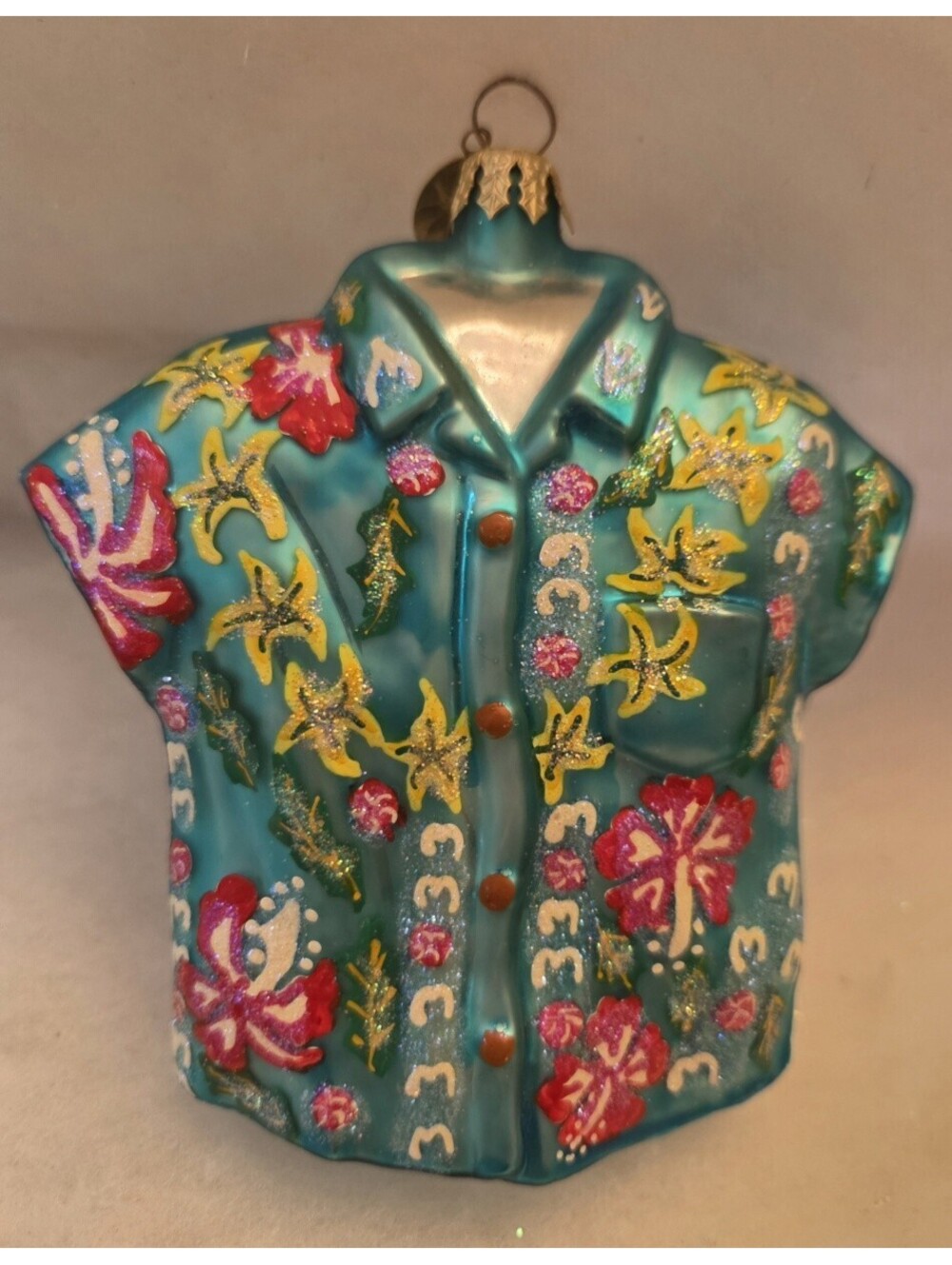 Christopher Radko Vintage Flower Aloha Shirt Glass Handpainted Ornament, Mint